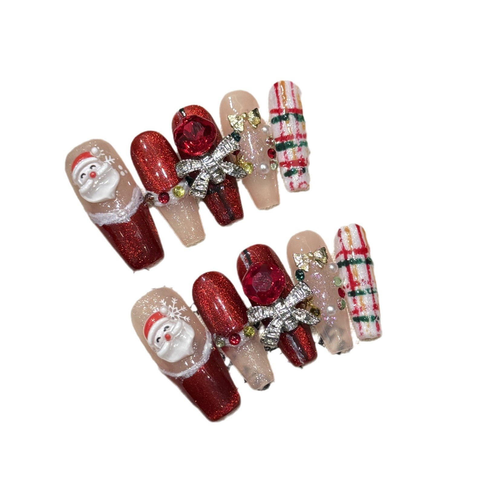 Luxury Santa Christmas Press‑On Nails – Red Plaid & Bow Design - Image 4