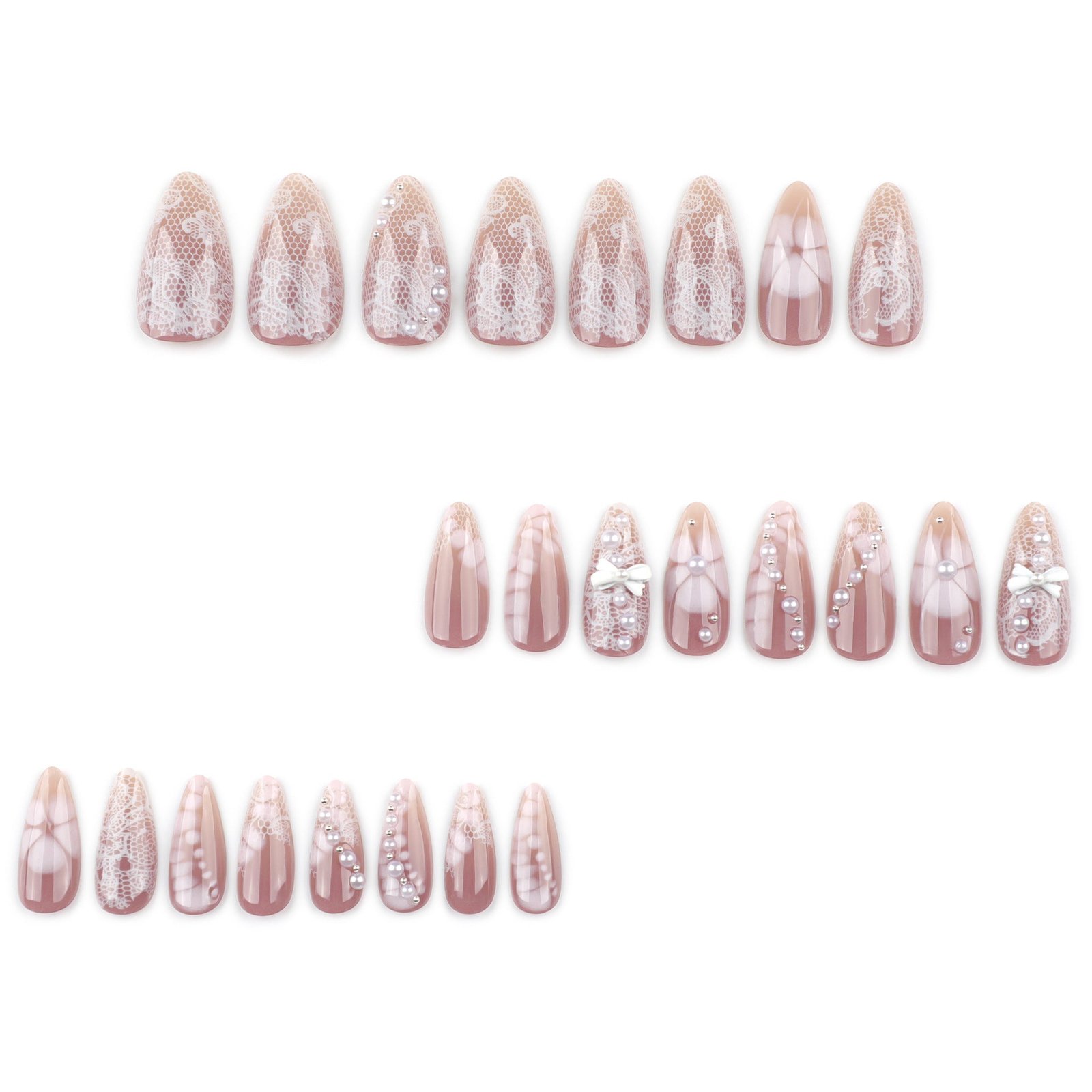 White Lace Gradient Nails with Pearl Bow Details - Image 2