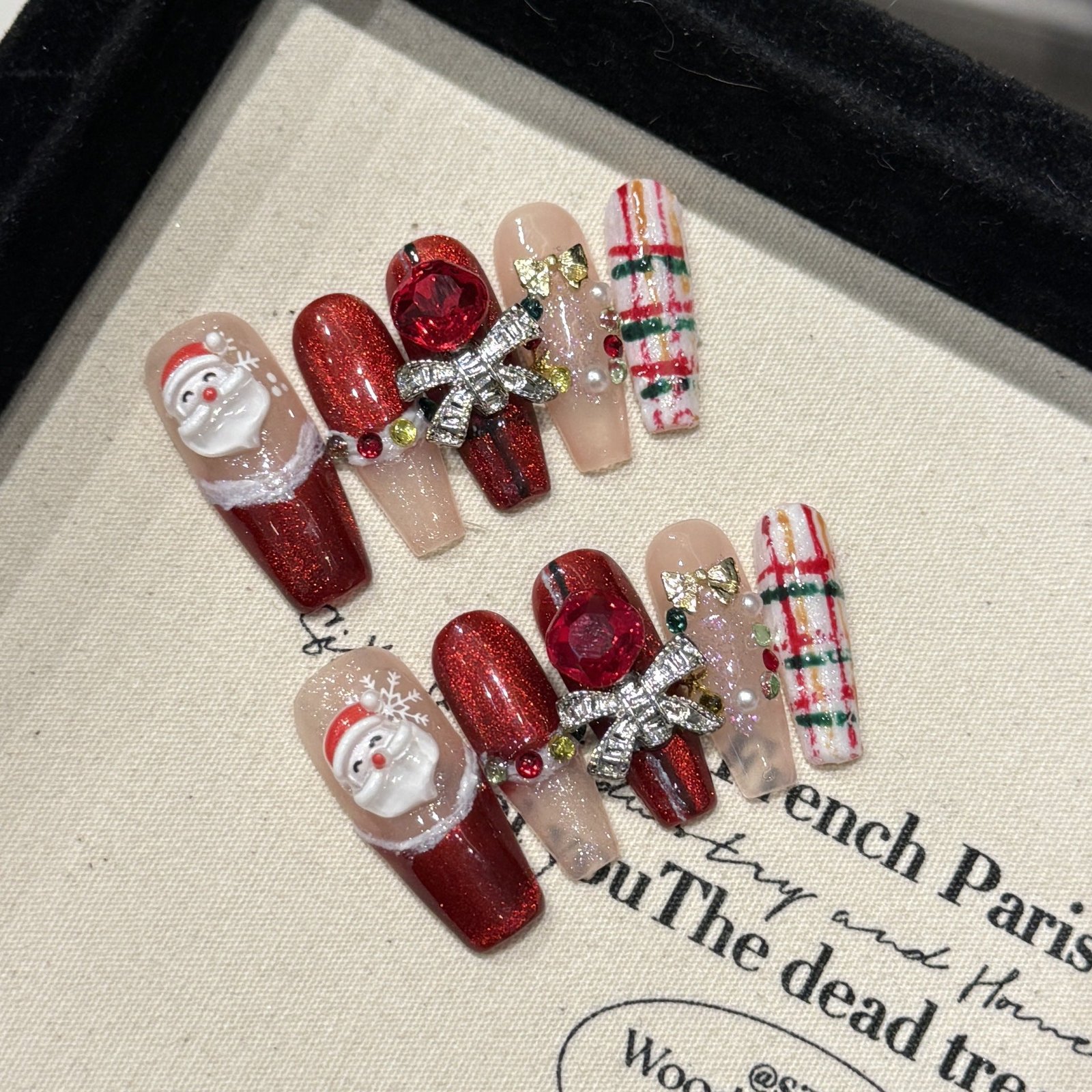 Luxury Santa Christmas Press‑On Nails – Red Plaid & Bow Design - Image 5