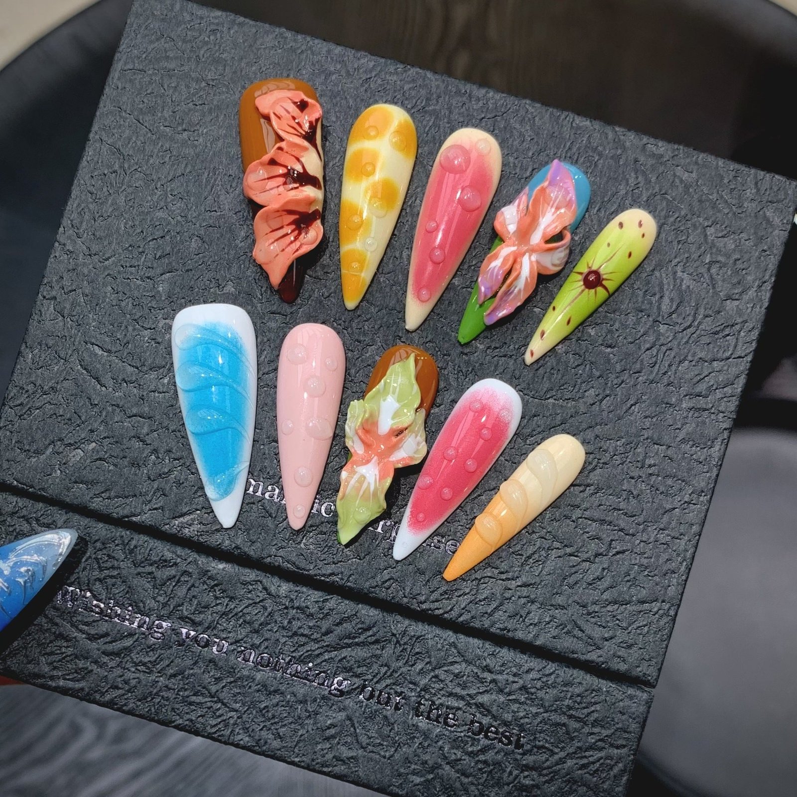 365nails: "Tropical Fantasy" – 3D Water Drop & Hand-painted Flower Handmade Stiletto Nails - Image 5
