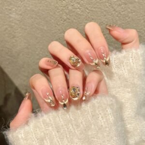 Elegant Pink Gradient Crystal Droplet Press On Nails