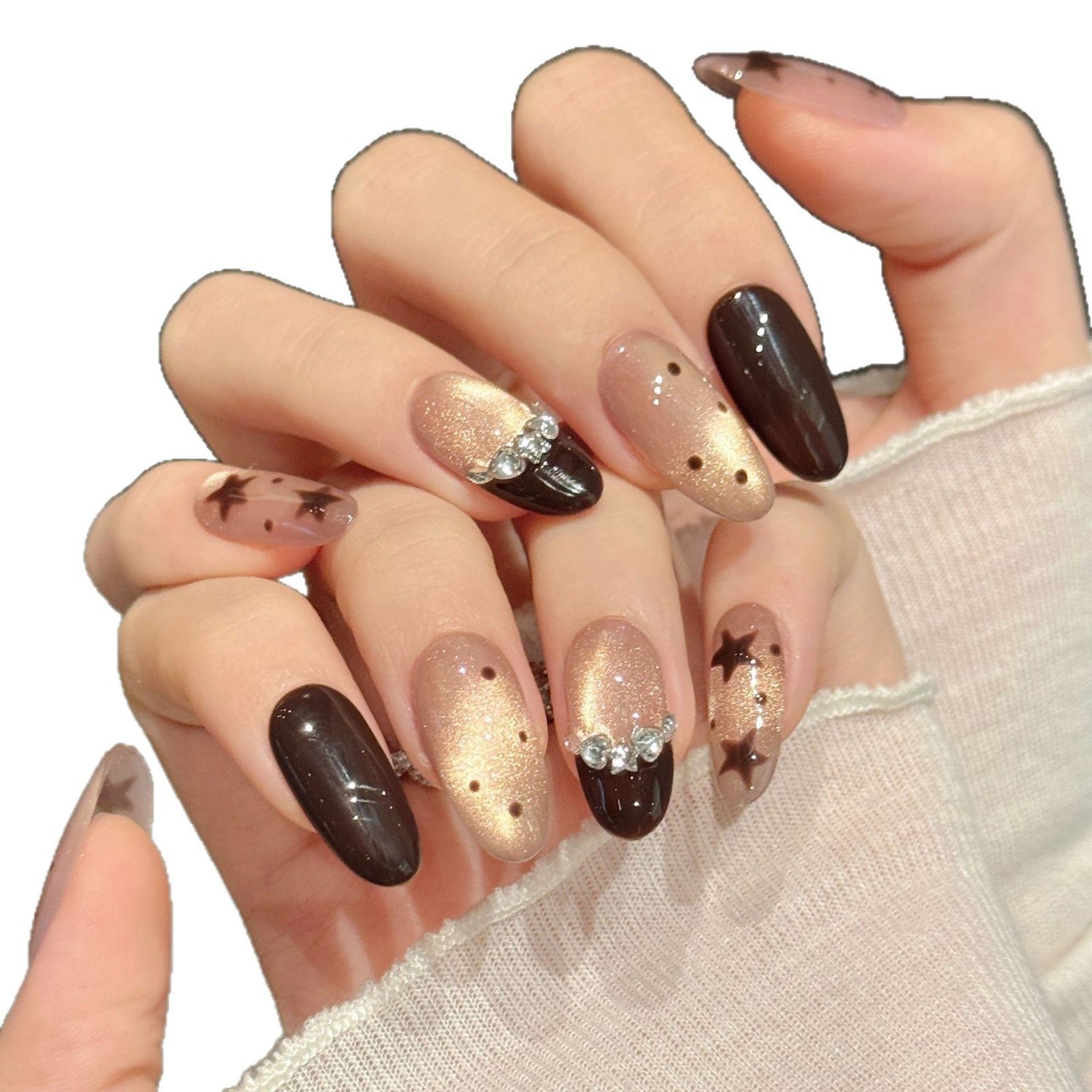365nails: "Starry Night Glow" – Hand-Painted Stars & Glitter Handmade Almond Nails - Image 4
