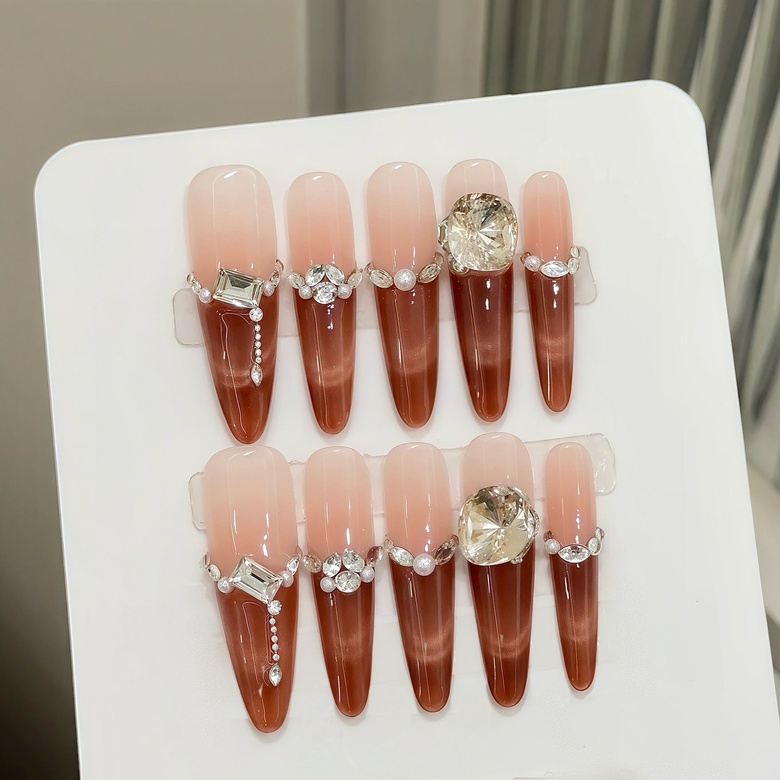 365nails: "Autumn Blush" – Handcrafted Cat Eye Gradient & Crystal Accents Coffin Nails - Image 3