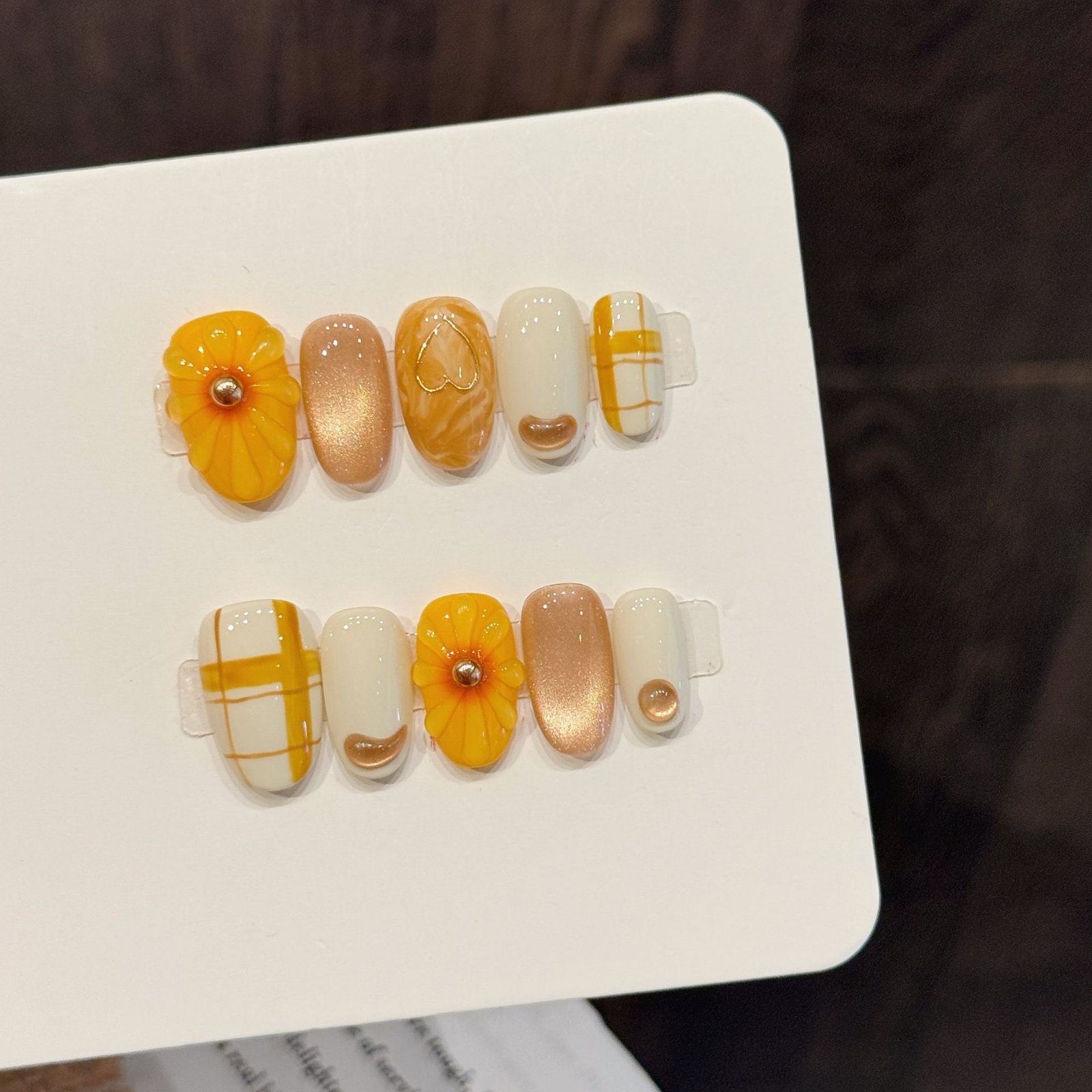 Yellow Plaid Flower Cute Press On Nails - Image 4