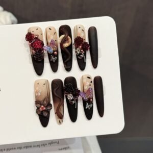 "Nocturnal Bloom" – 3D Floral & Butterfly Handmade Stiletto Nails