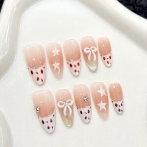 365nails: "Strawberry Milkshake" – 3D Strawberry & Bow Handmade Stiletto Nails