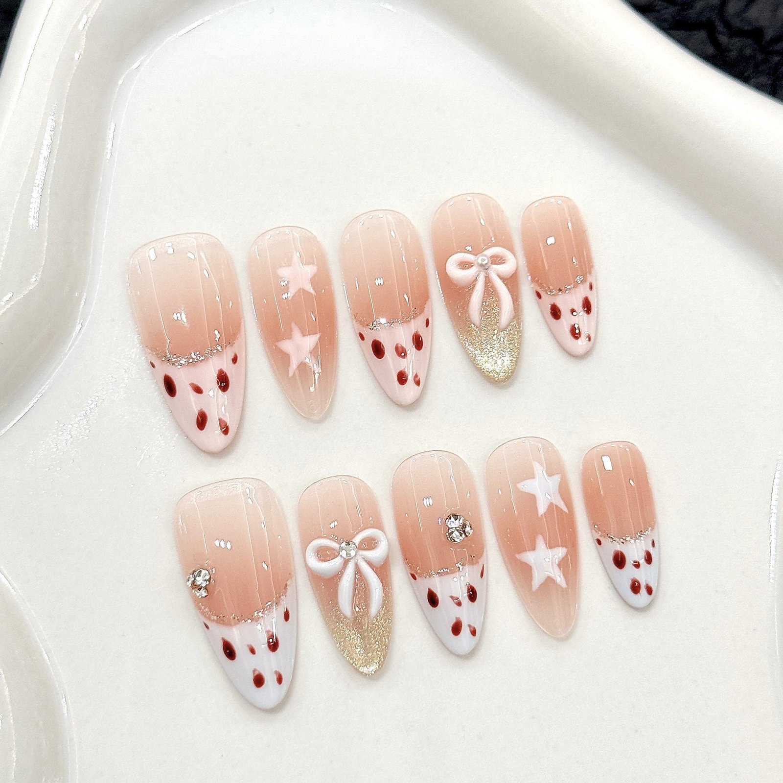 365nails: "Strawberry Milkshake" – 3D Strawberry & Bow Handmade Stiletto Nails