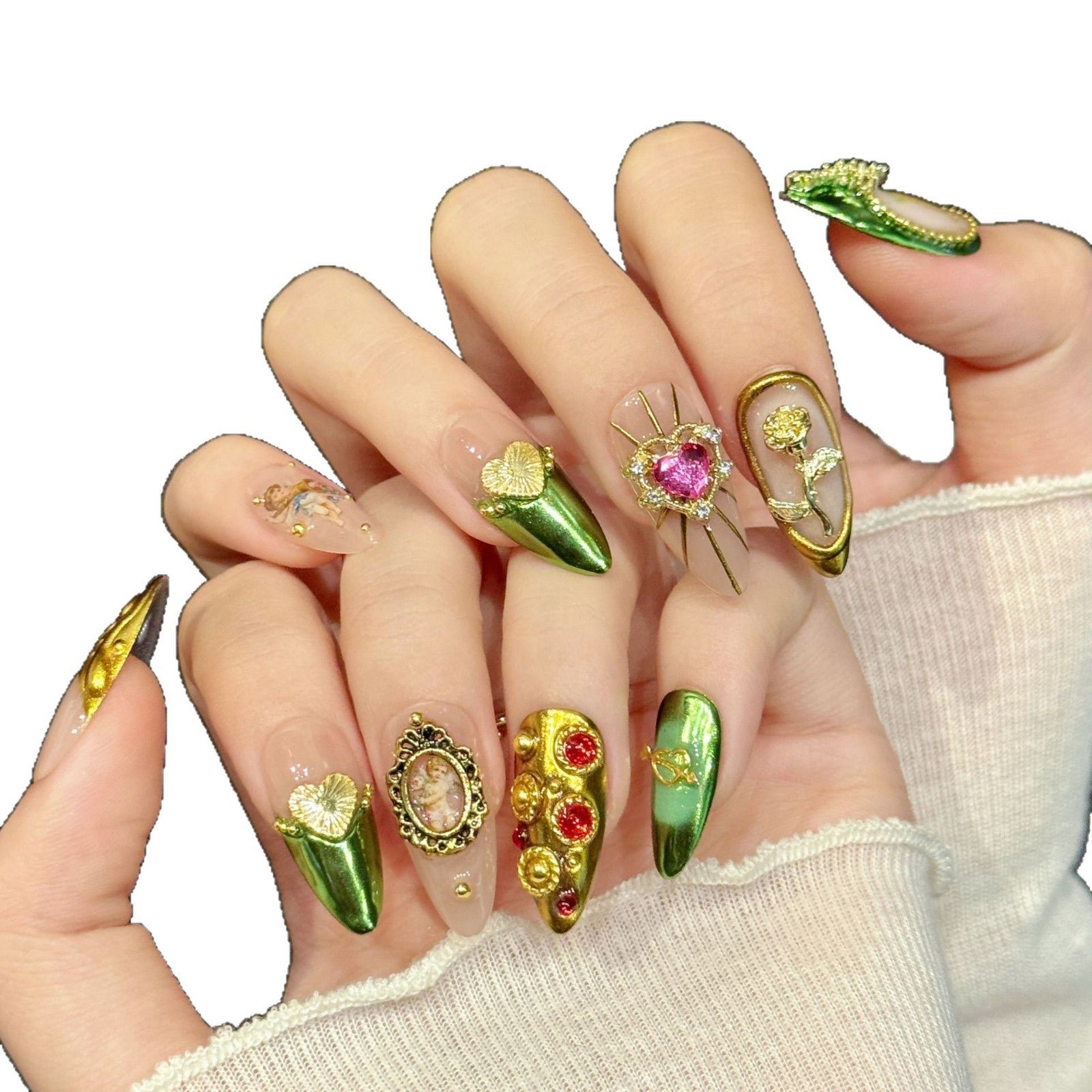 Green Gold Vintage Gem Heart Baroque Luxury Press On Nails - Image 4