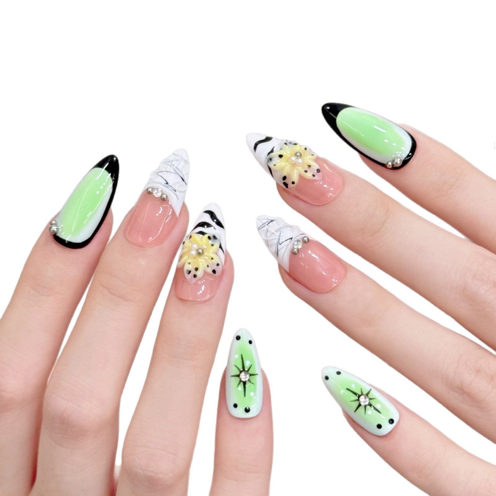 Green Floral Contrast Design Press On Nails - Image 4