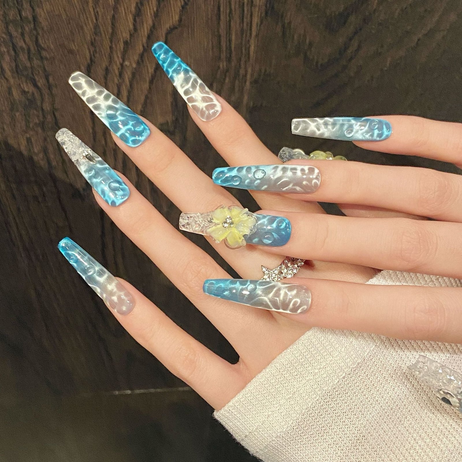 365nails: "Aqua Bloom" – 3D Water Ripple Handmade Long Coffin Nails - Image 2
