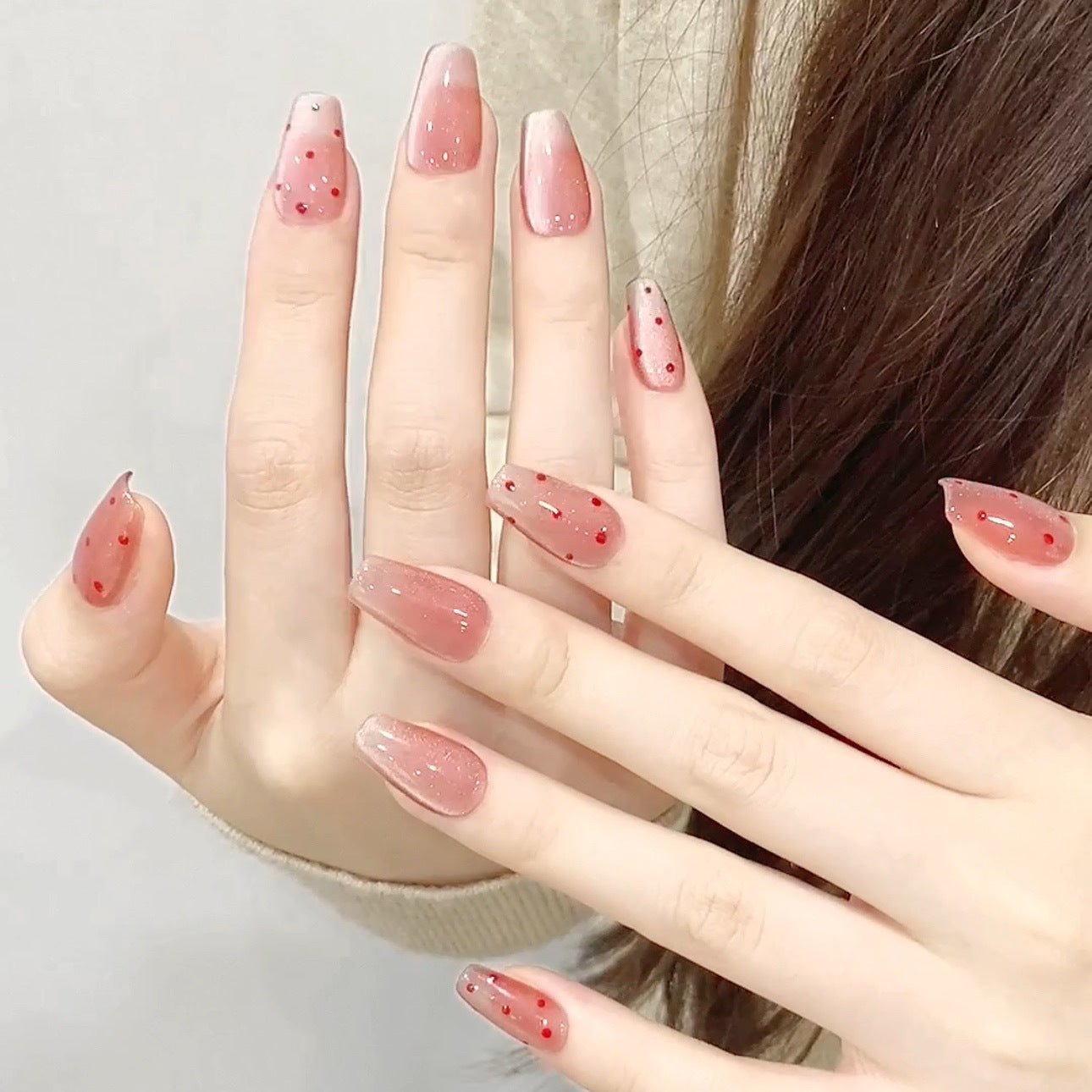 365nails: "Rosy Dots" – Hand-Painted Polka Dot Handmade Coffin Nails - Image 7