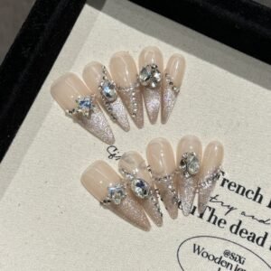 365nails: "Celestial Ice" – 3D Crystal & Silver Glitter Handmade Stiletto Nails