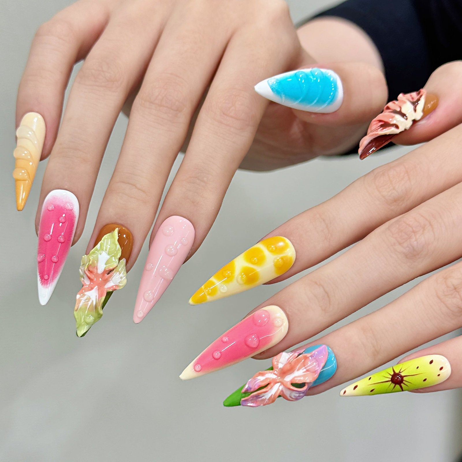 365nails: "Tropical Fantasy" – 3D Water Drop & Hand-painted Flower Handmade Stiletto Nails - Image 3