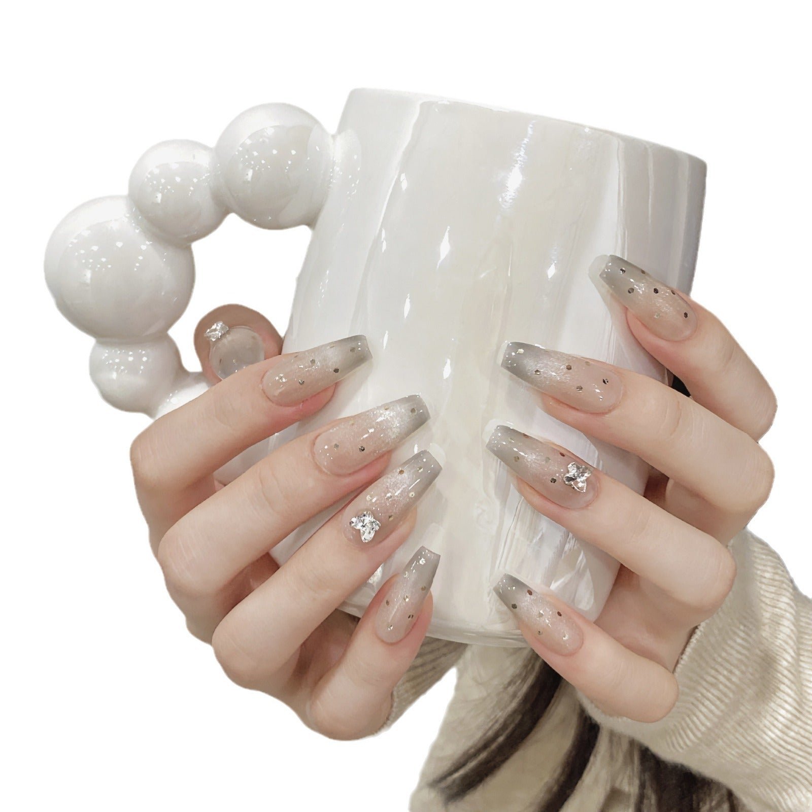 Midnight Stardust 3D Crystal & Polka Dot Handmade Coffin Nails - Image 4