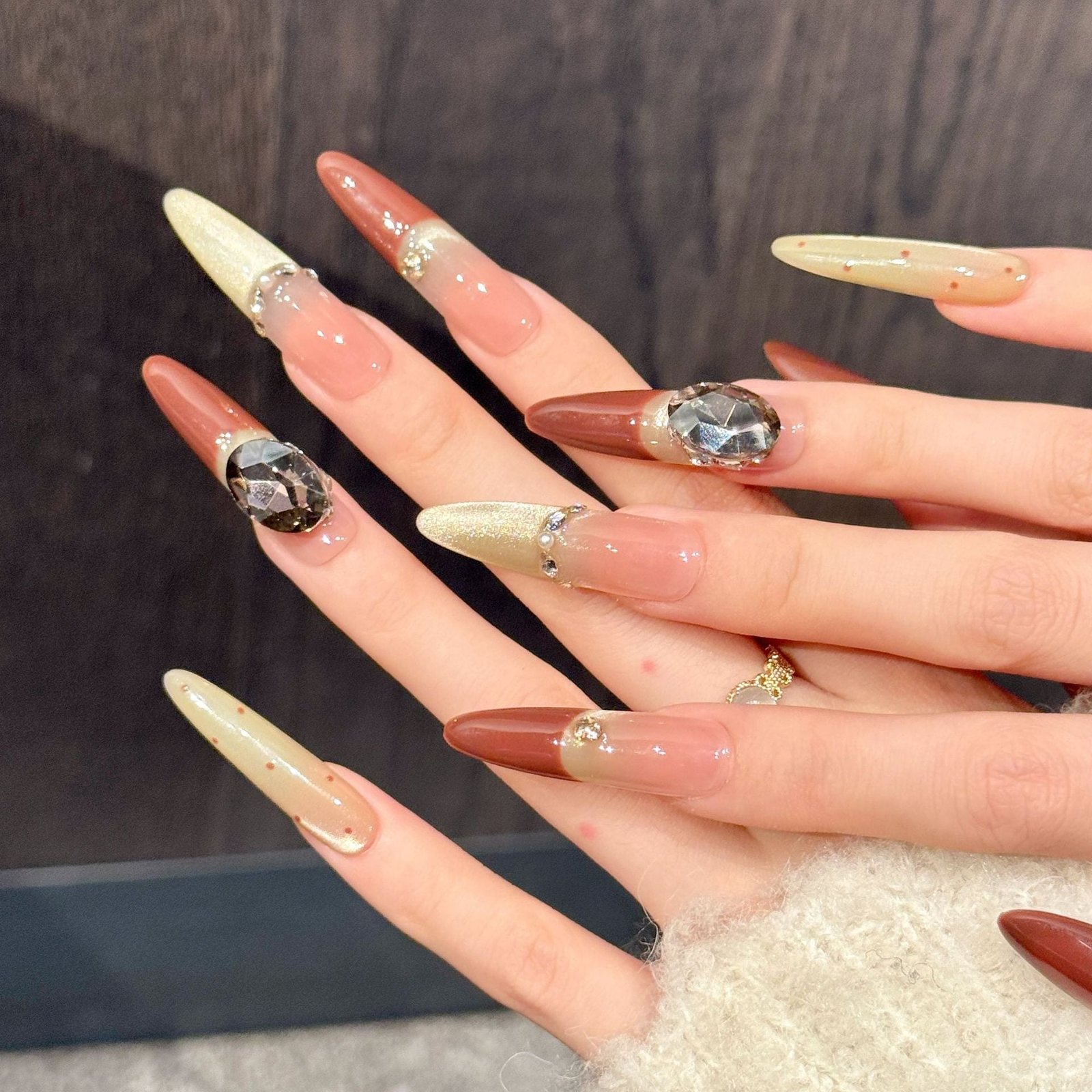 365nails: "Amber Noir" – 3D Gem & French Tip Handmade Stiletto Nails - Image 2
