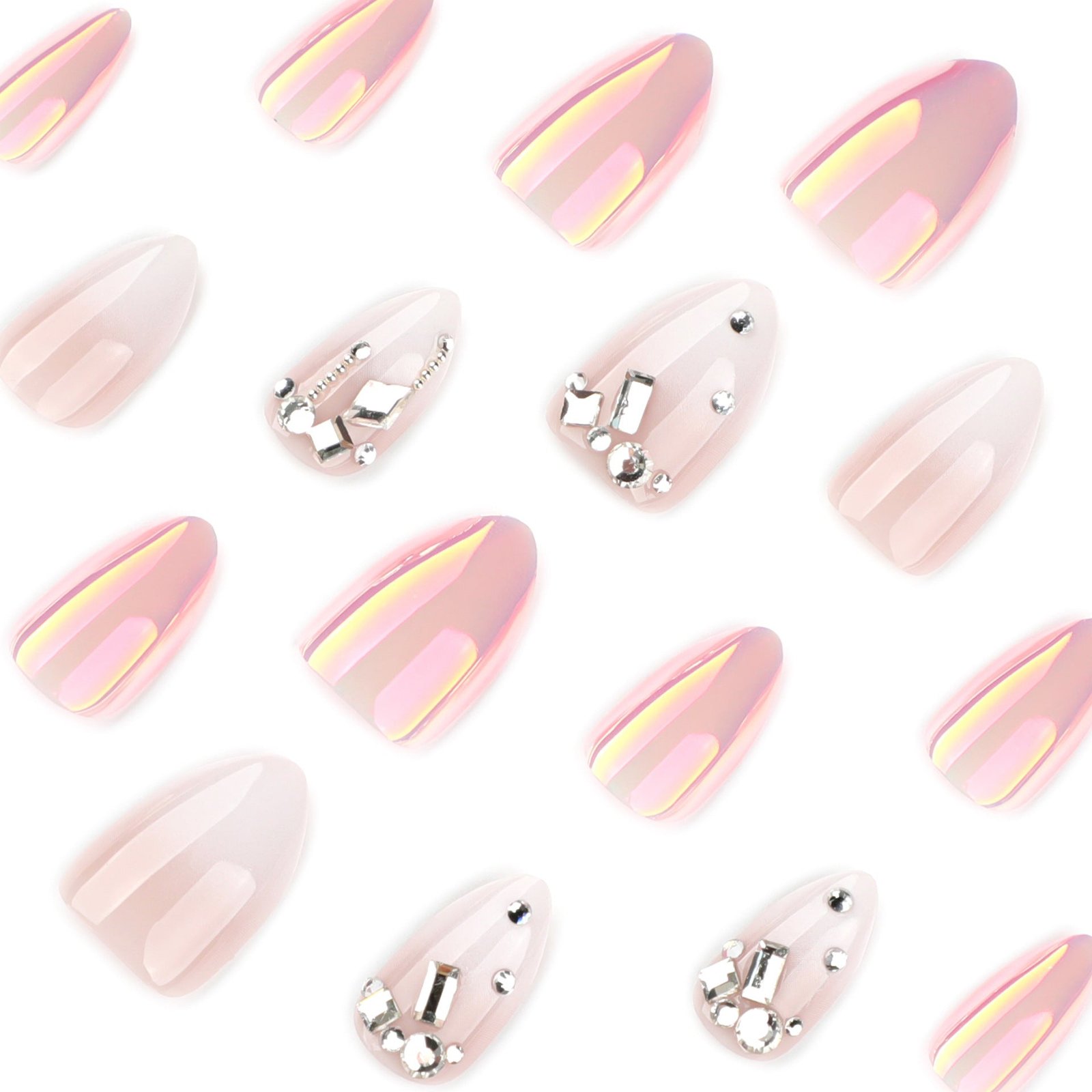 Iridescent Pearl Chrome Crystal Almond Nails - Image 3