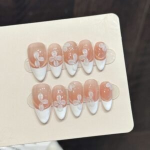 Soft Nude French Petal Flower Glossy Press On Tips