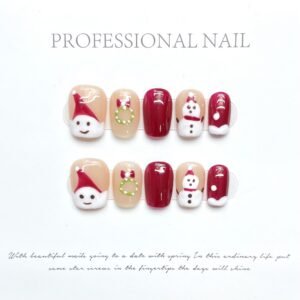 Cute Santa & Snowman Christmas Press‑On Nails – Red and Nude Festive Design