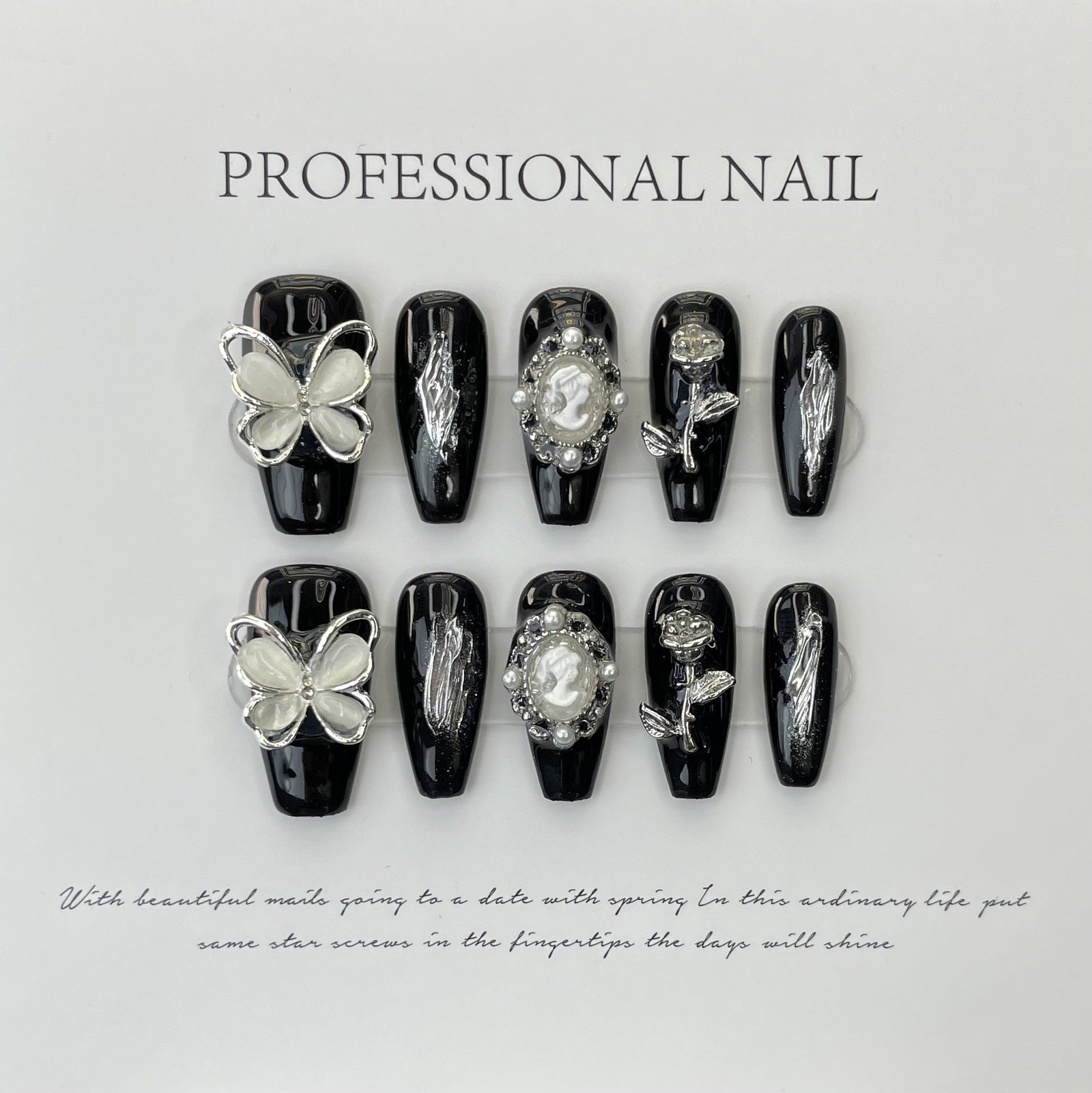 Black Silver Butterfly Gothic Elegant Press On Nails - Image 5