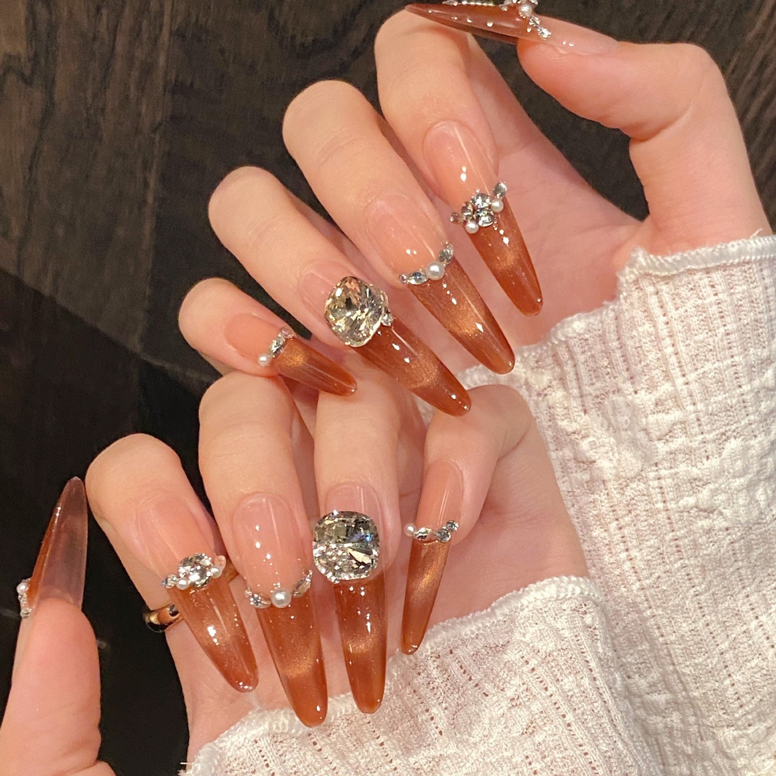 365nails: "Autumn Blush" – Handcrafted Cat Eye Gradient & Crystal Accents Coffin Nails - Image 2