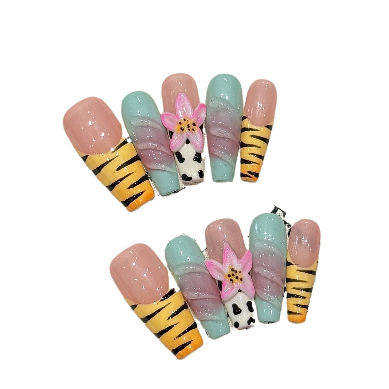 Pastel Zebra Nails with 3D Lotus and Colorful Stripes - Image 4