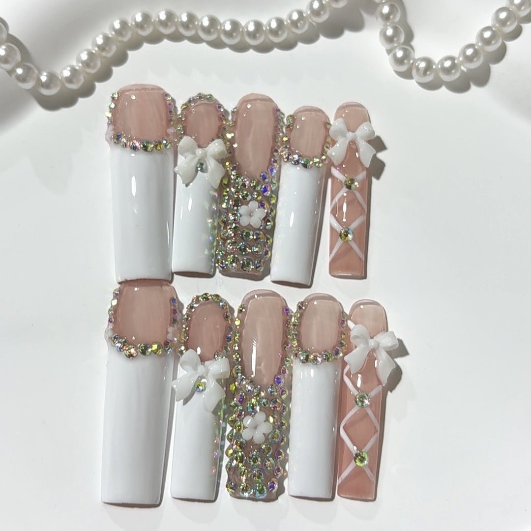 Soft Nude Bow Crystal Long Press On Nails - Image 4