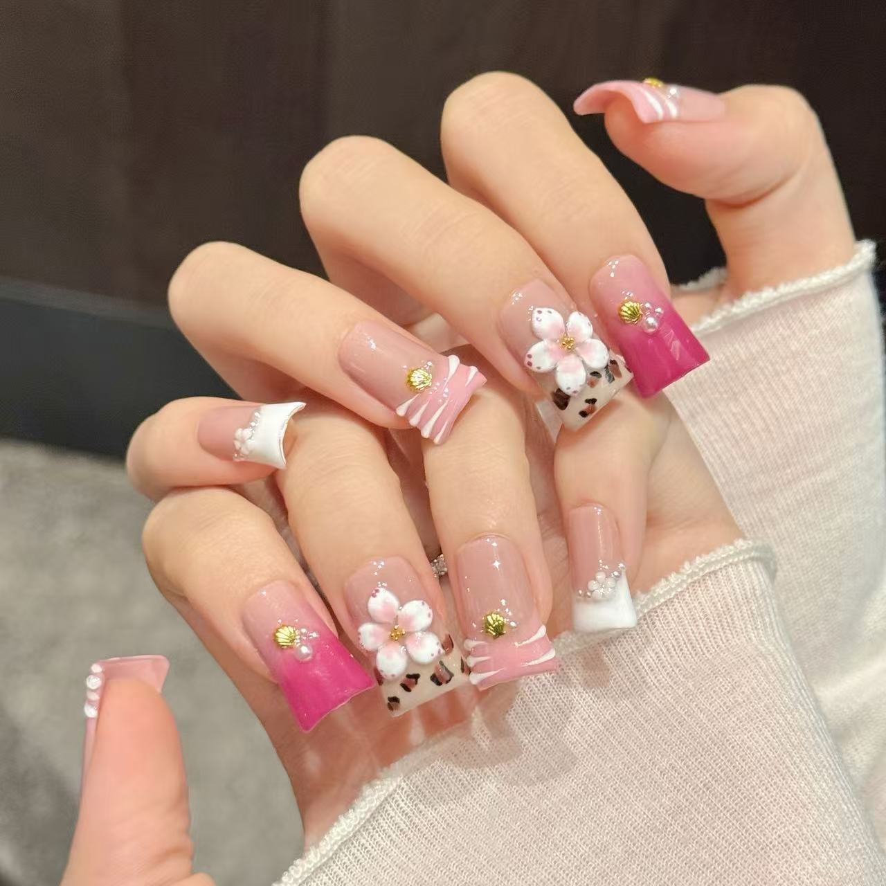 Pink Floral Leopard Accent Press On Nails - Image 3