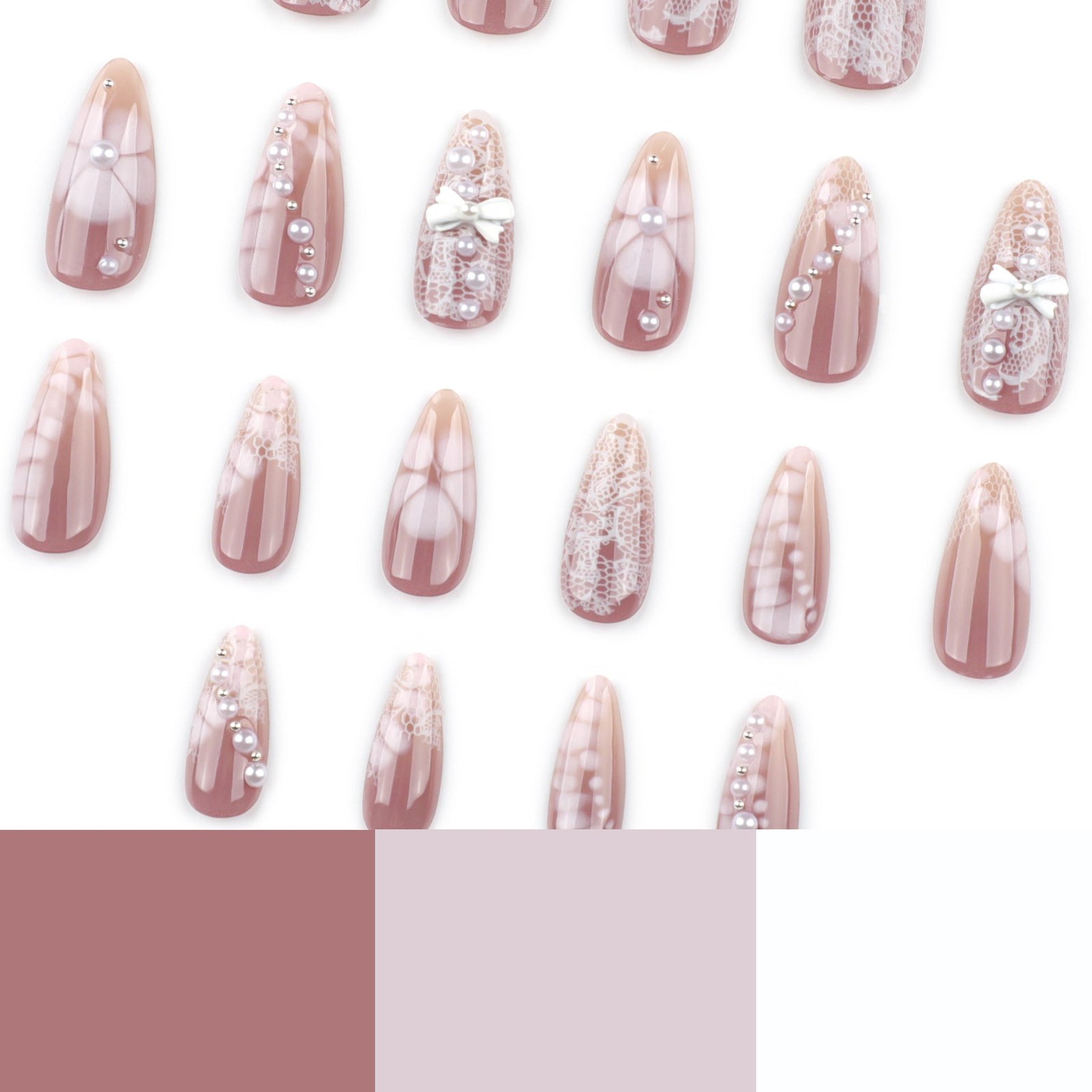 White Lace Gradient Nails with Pearl Bow Details - Image 4