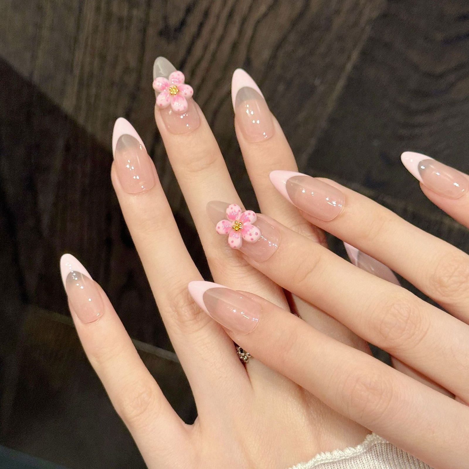 365nails: "Sakura Blush" – 3D Floral French Tip Handmade Almond Nails - Image 3
