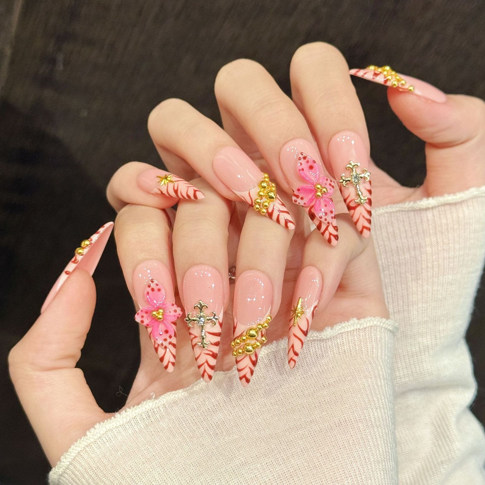 365nails "Pink Paradise" – 3D Floral Handmade Almond Nails - Image 4