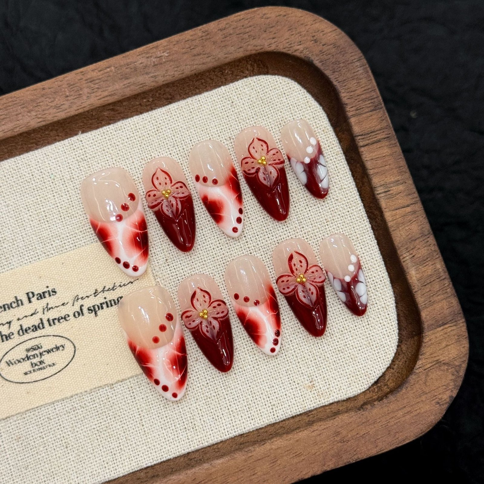 365nails: "Crimson Sakura" – Hand-Painted Floral & Ombré Handmade Long Almond Nails - Image 3