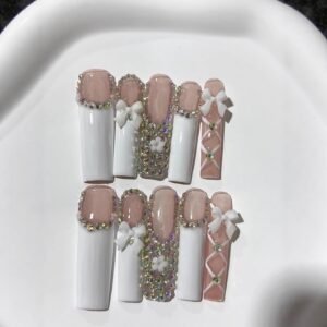Soft Nude Bow Crystal Long Press On Nails