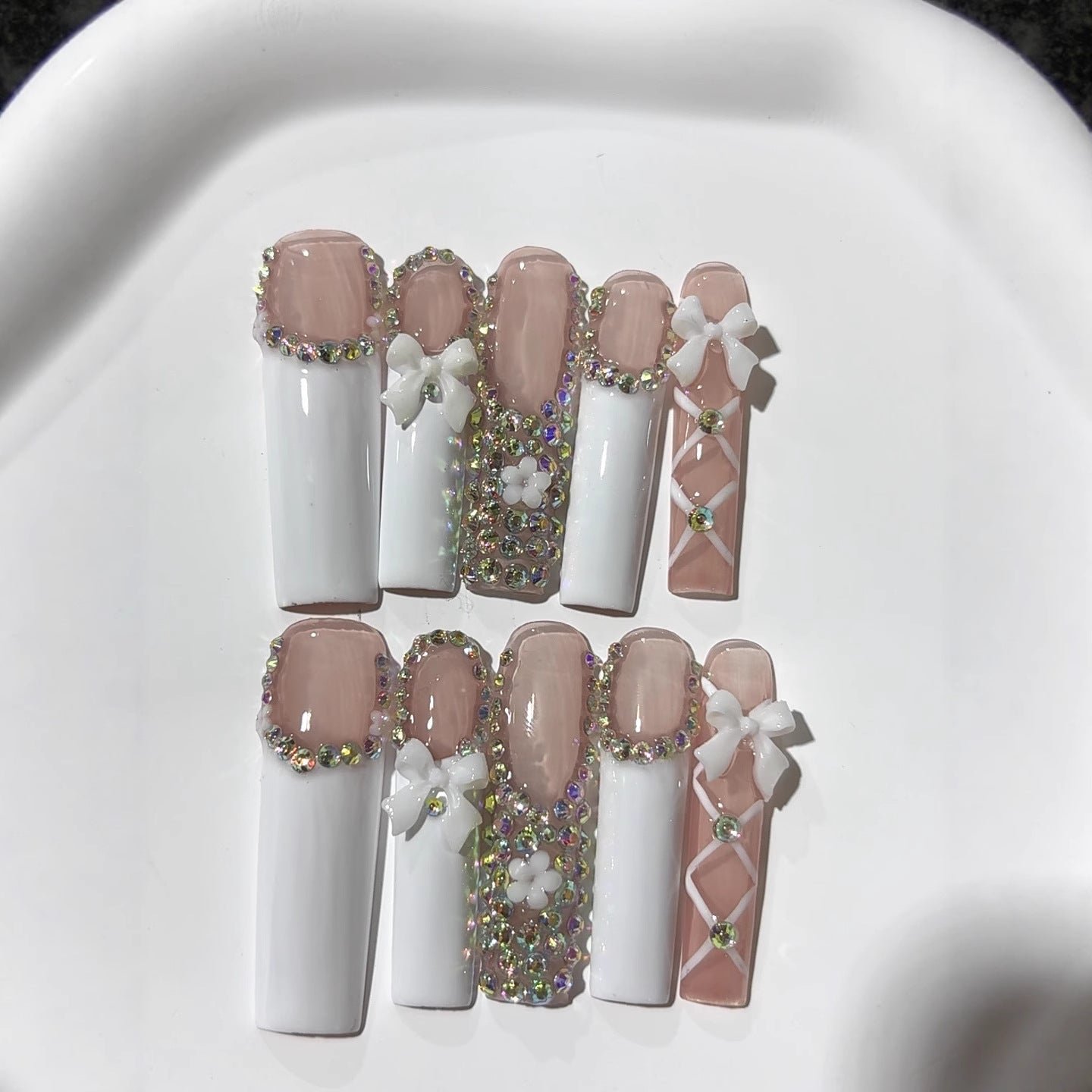 Soft Nude Bow Crystal Long Press On Nails