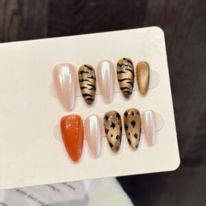 Pearl Nude Animal Print Gold Glam Press On Nails