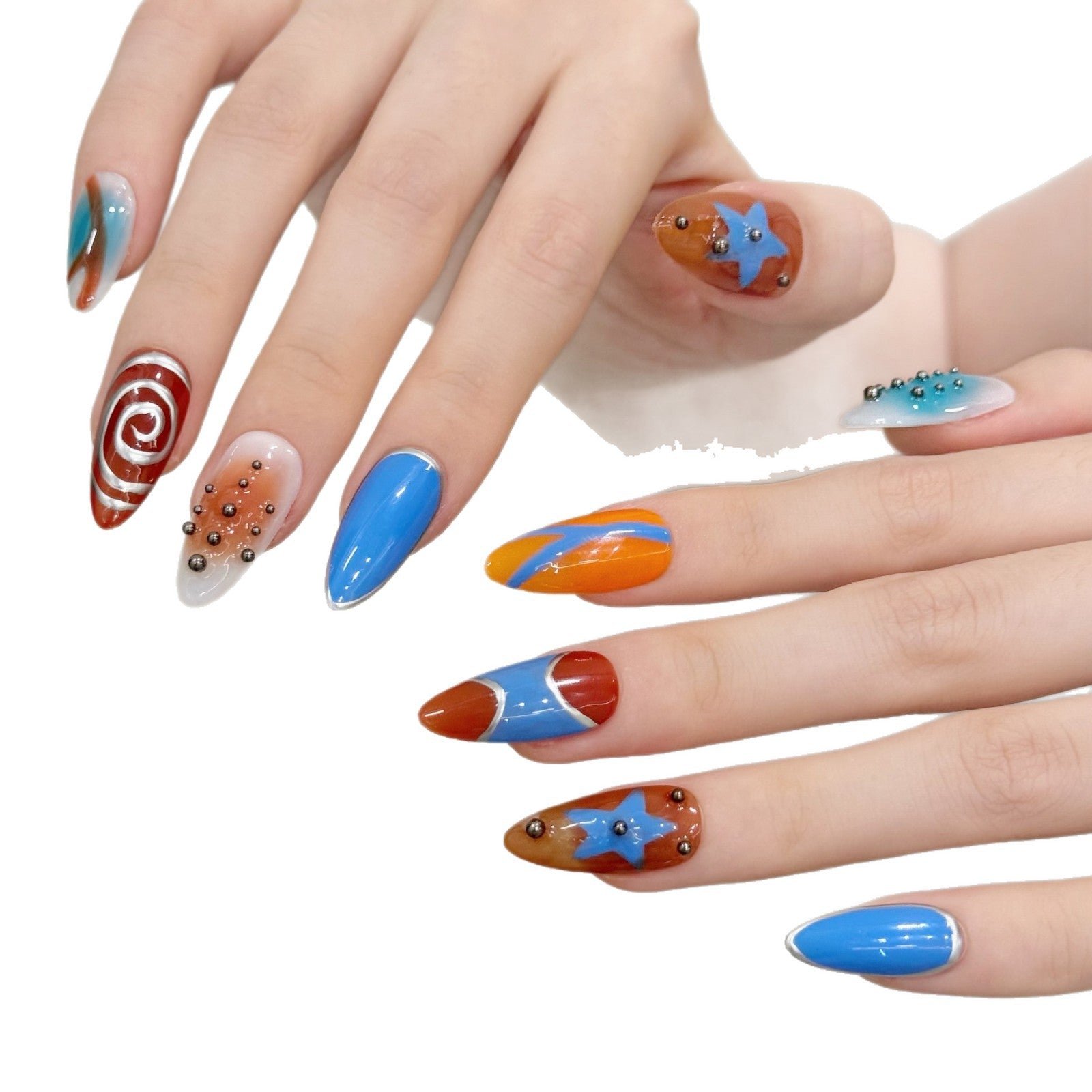 Ocean Orange Blue Retro Artistic Press On Nails - Image 4