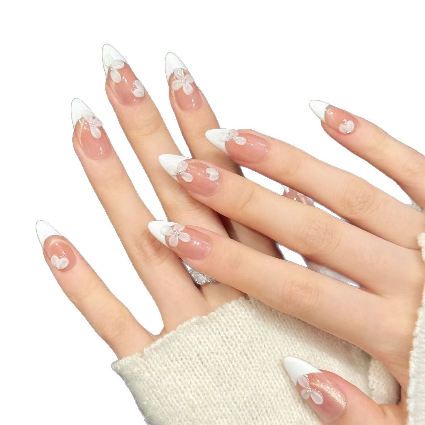 Soft Nude French Petal Flower Glossy Press On Tips - Image 4