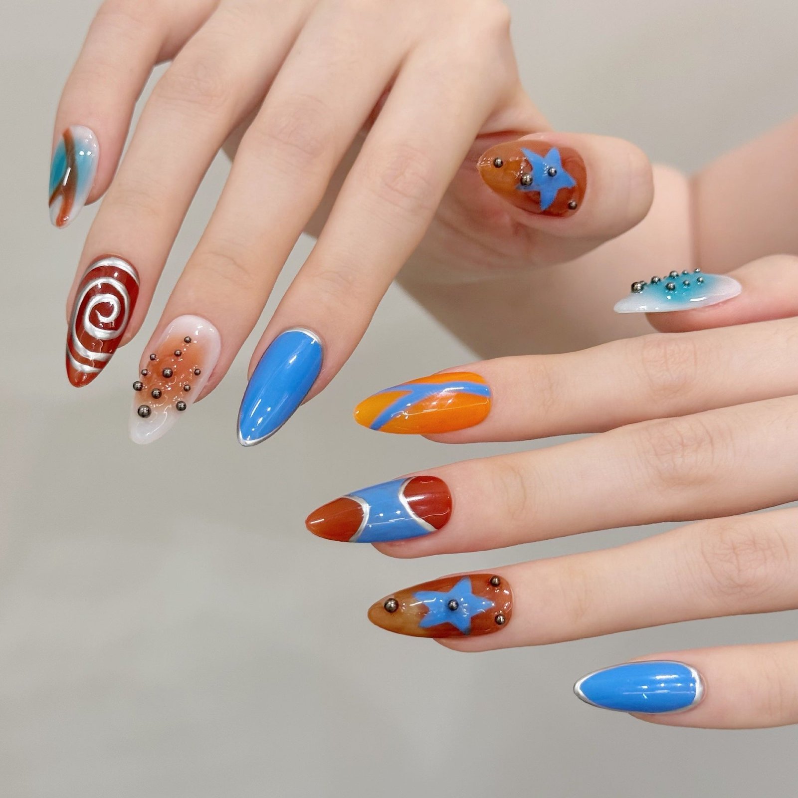 Ocean Orange Blue Retro Artistic Press On Nails - Image 2