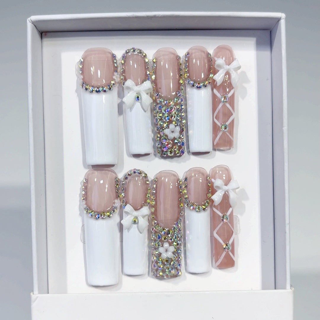 Soft Nude Bow Crystal Long Press On Nails - Image 2