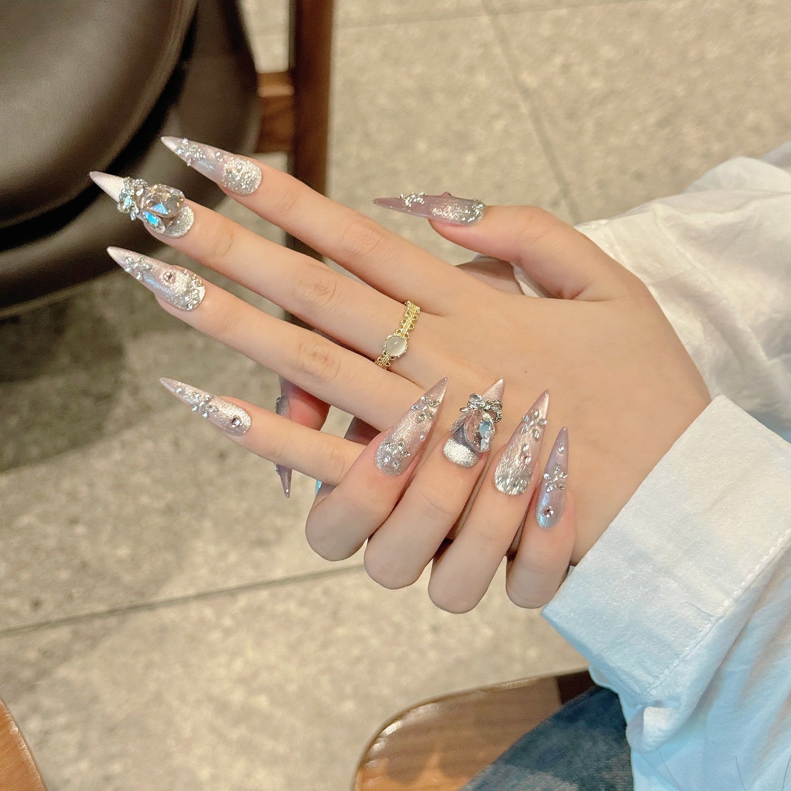 365nails: "Celestial Dream" – Iridescent Cat Eye & Oversized Crystal Handmade Stiletto Nails - Image 2