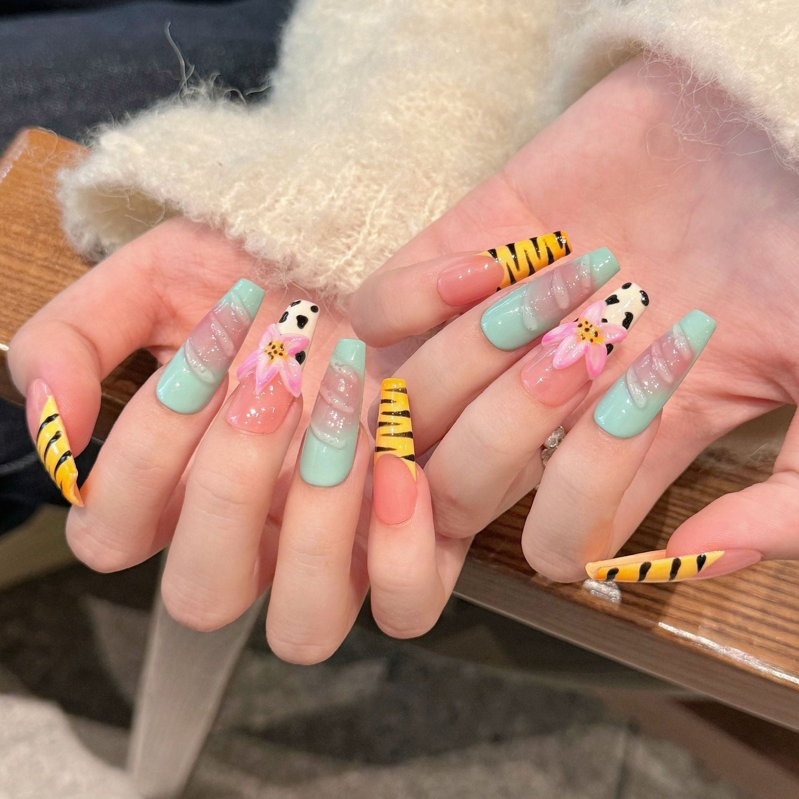 Pastel Zebra Nails with 3D Lotus and Colorful Stripes - Image 2