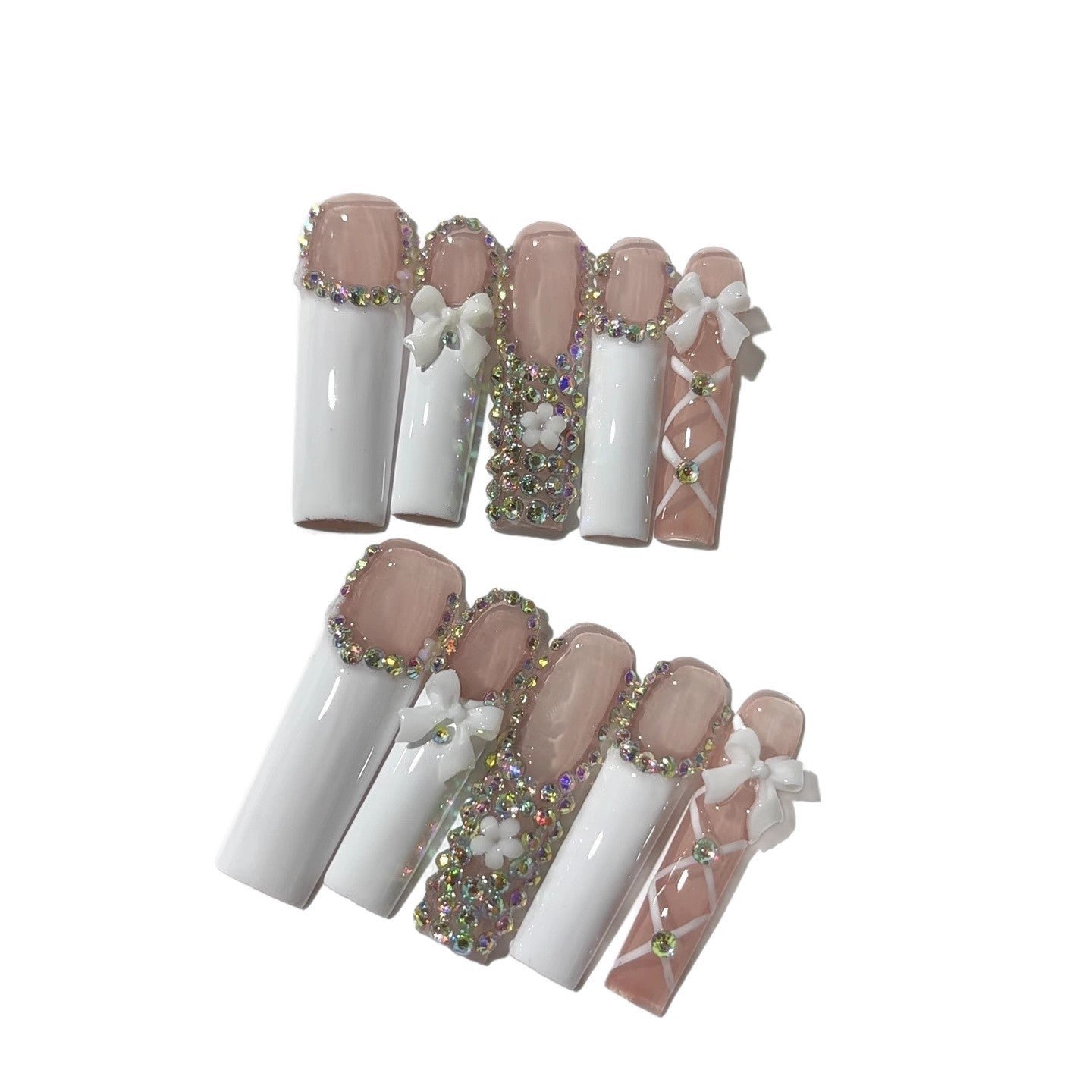 Soft Nude Bow Crystal Long Press On Nails - Image 5