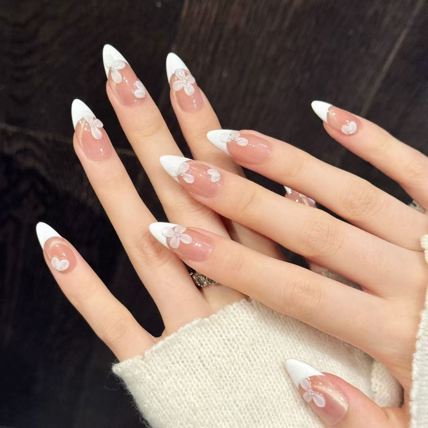 Soft Nude French Petal Flower Glossy Press On Tips - Image 2