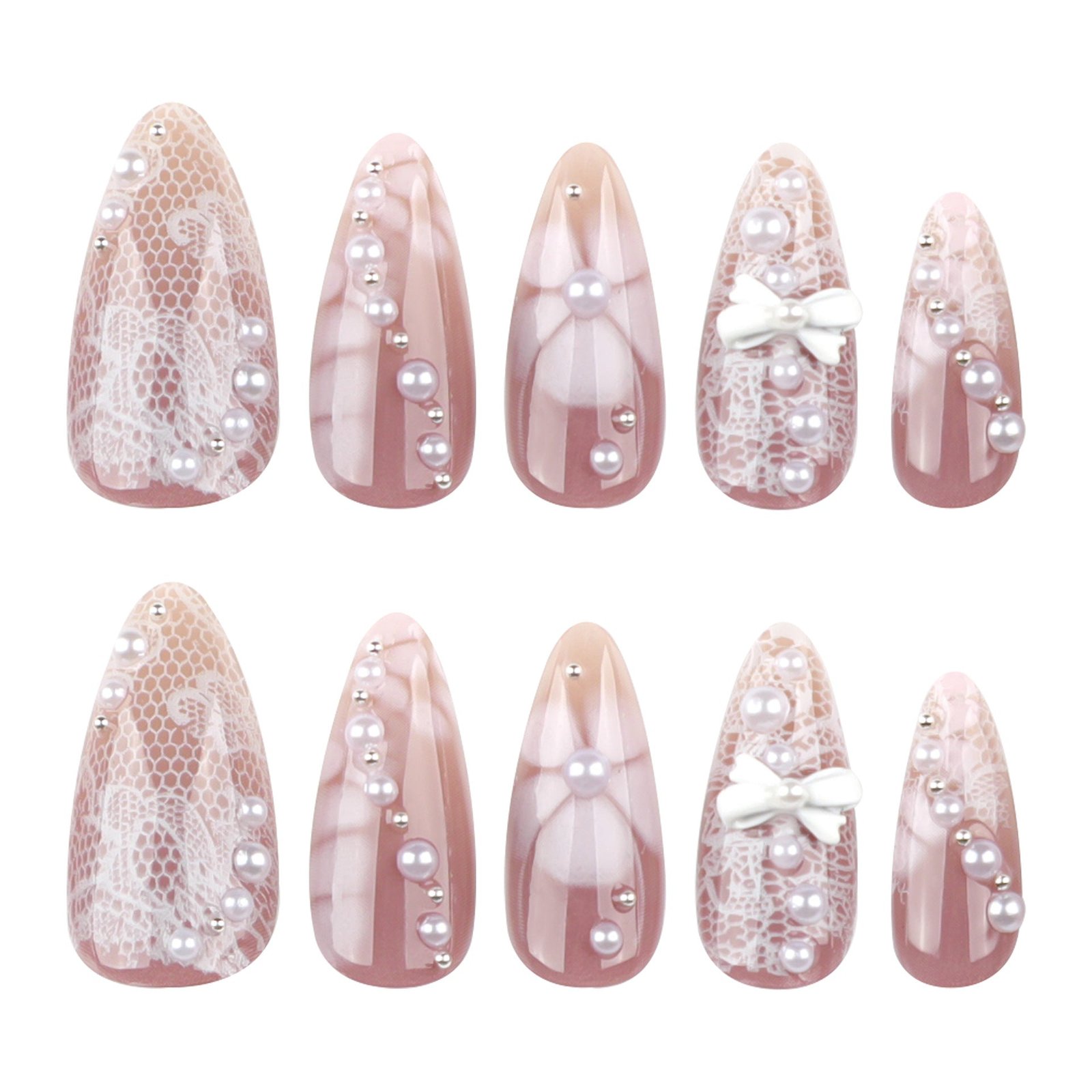 White Lace Gradient Nails with Pearl Bow Details - Image 5
