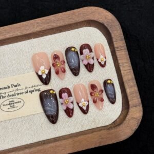 Elegant Plum Nude 3D Floral Gold Accent Medium Press-On Nails