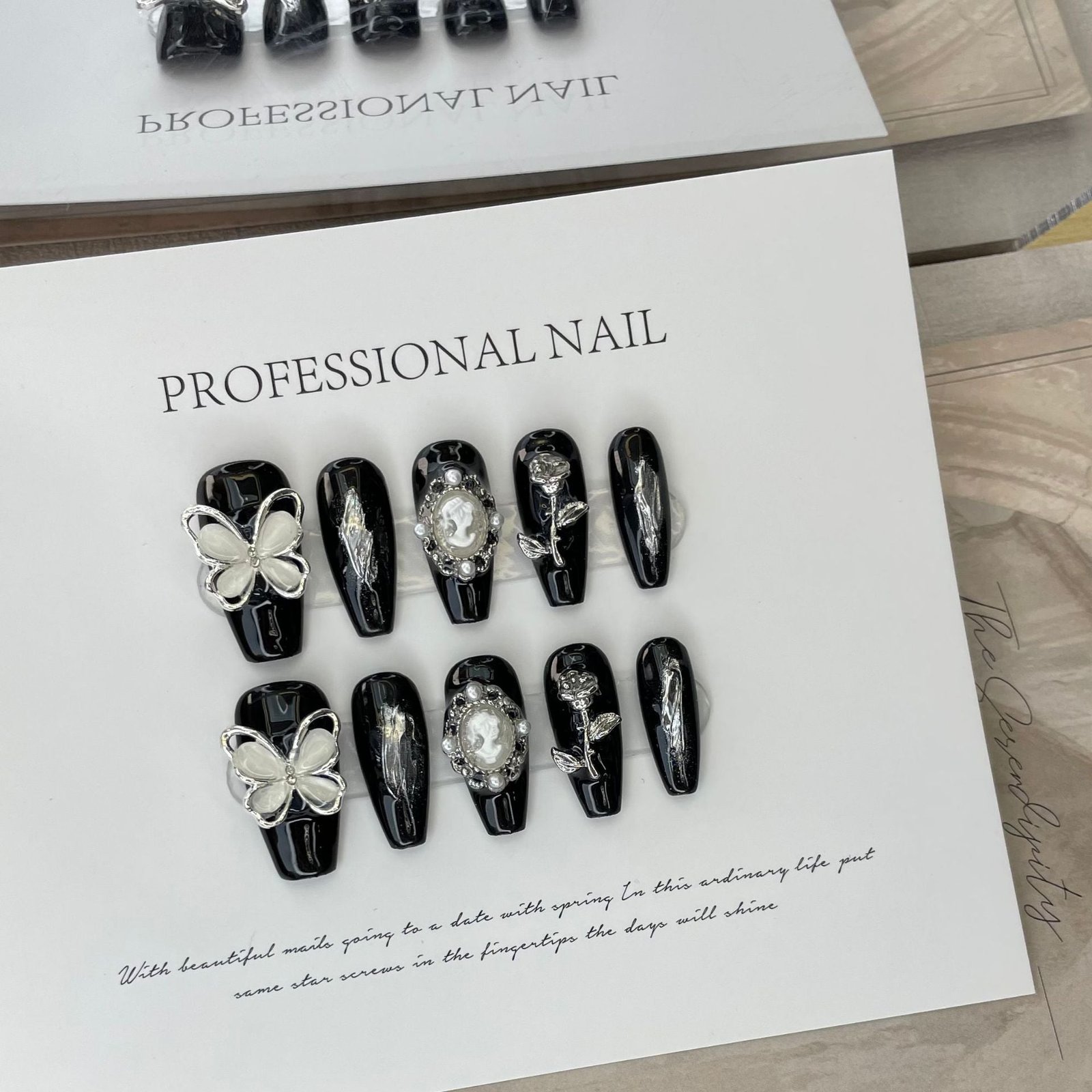 Black Silver Butterfly Gothic Elegant Press On Nails - Image 3