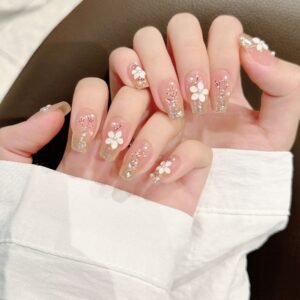 365nails: "White Blossom Whisper" – 3D Floral Glitter Handmade Coffin Nails