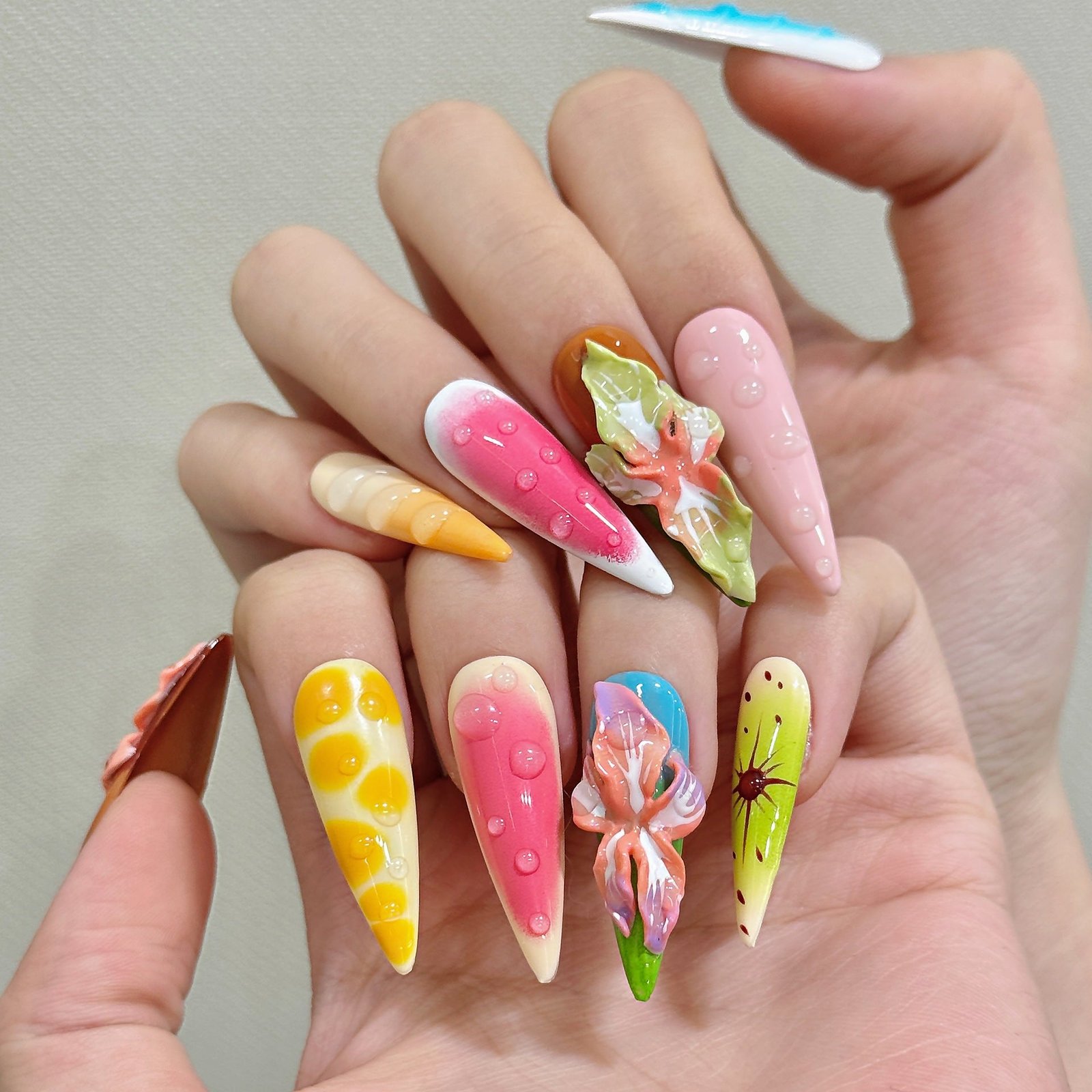 365nails: "Tropical Fantasy" – 3D Water Drop & Hand-painted Flower Handmade Stiletto Nails - Image 2