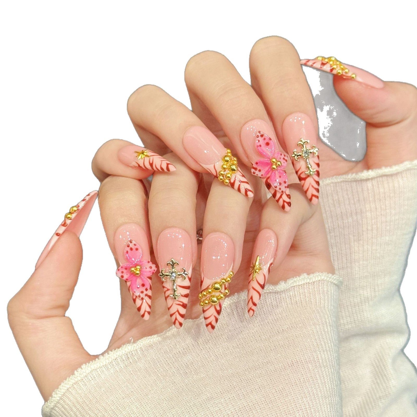 365nails "Pink Paradise" – 3D Floral Handmade Almond Nails - Image 5