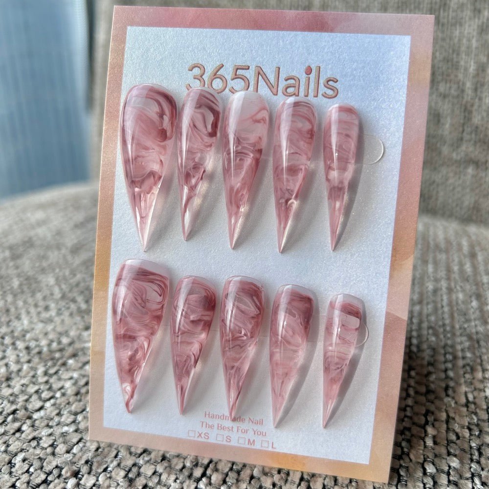 Rose Marble Dragon Claw Stiletto Press On Nails|Pink & White Swirl|365Nails Premium Handmade Dragon Series