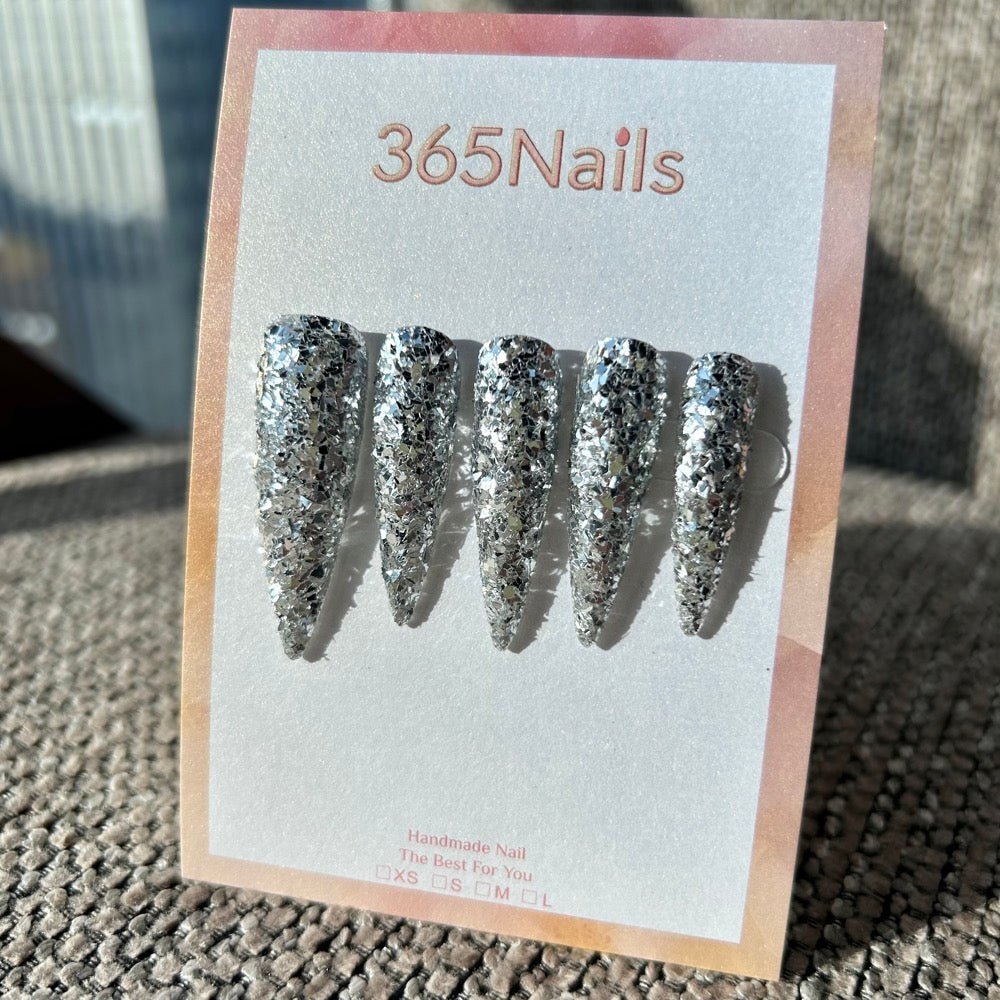 Frosted Diamond Press On Nails Silver Chunky Glitter Stiletto| Starry Glitter · Sparkling Series - Image 3